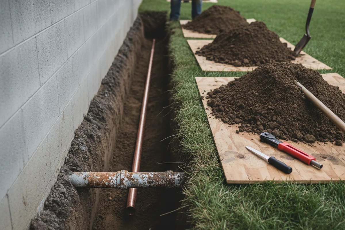 Excavated water line trench during Water Softener Installation in Martville